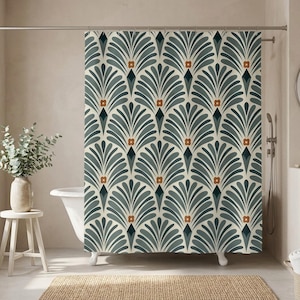 Art Deco, Vintage Boho Duschdraperi | Grå, Skogsgrön, Rostfärgad Blommig Art Nouveau | Minimalistisk Modern Badrum, Lägenhetsinredning