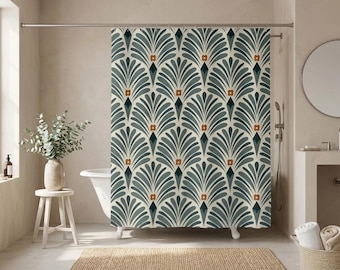 Boho Shower Curtain | Grey Forest Green Rust Floral Art Deco Art Nouveau