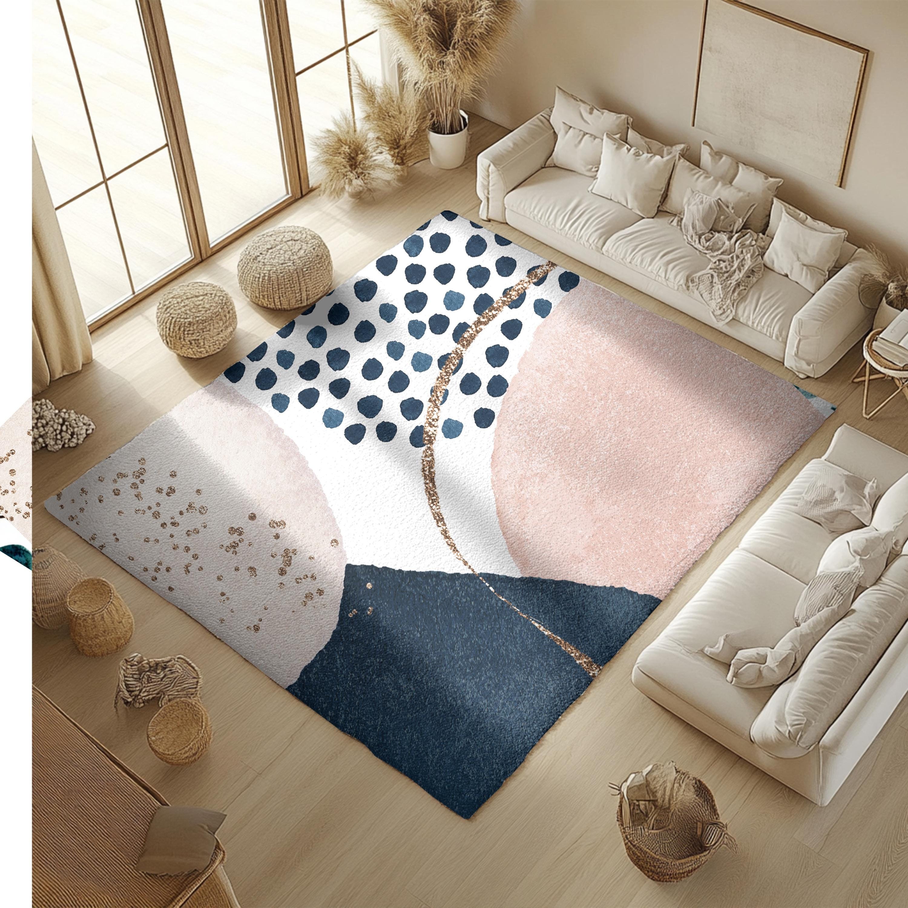 Boho Chic Area Rugs, Navy, Ivory, Gold, Blush Pink, Abstract, Mid ...