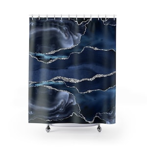Duschvorhang aus Stoff, Marineblau Schwarz Silber Grau Marmor Achat Quarz, Fancy Elegant, Minimalist Boho Modern Art, Badezimmer Dekor