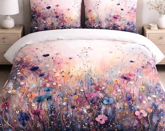 Floral Duvet Cover | Pastel Colorful Wildflowers Boho Bedding Queen King