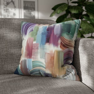 Abstract Couch Throw Cushion Pillowcase Colorful Teal Green, Lilac Purple Pink, Pale Blue Brush Paint Watercolor Square, Accent Decorative image 3