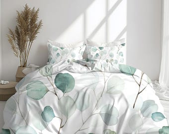 Eukalyptus-Bettwäsche: Aquarell-Blumenmuster in Salbei, Mintgrün und Weiß