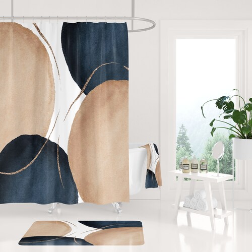 Boho Shower Curtain Bath Mat Towel Set Abstract Navy Rust Etsy