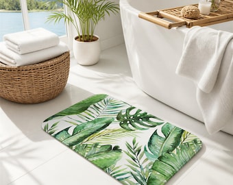 Alfombrilla de baño Boho con estampado de hojas de monstera, hojas verdes tropicales, espuma viscoelástica, antideslizante (100 % microfibra).