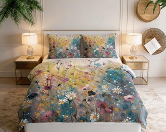 Floral Duvet Cover | Colorful Wildflowers Boho Bedding Queen King Twin XL