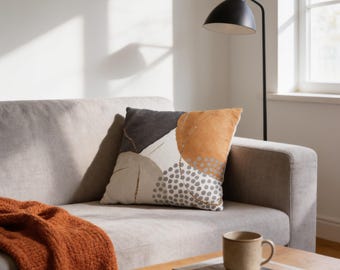 Abstrakter Kissenbezug | Moderne Couchdecke in Grau-Orange-Aquarell | Moderne Couchdecke