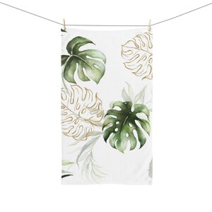 Hand Towel, Monstera Leaves, Exotic Jungle, Tropical Botanical, White Beige Green, Elegant Fancy, Kitchen Bathroom, Spa, Workout Towel image 4