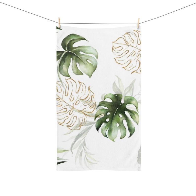 Hand Towel, Monstera Leaves, Exotic Jungle, Tropical Botanical, White Beige Green, Elegant Fancy, Kitchen Bathroom, Spa, Workout Towel image 4