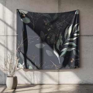Wall Hanging Tapestry, Eucalyptus Leaves, Black Sage Green, Farmhouse Watercolor, Floral Botanical, Large Wall Tapestry