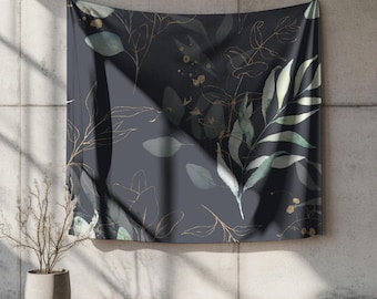 Wall Hanging Tapestry, Eucalyptus Leaves, Black Sage Green, Farmhouse Watercolor, Floral Botanical, Large Wall Tapestry