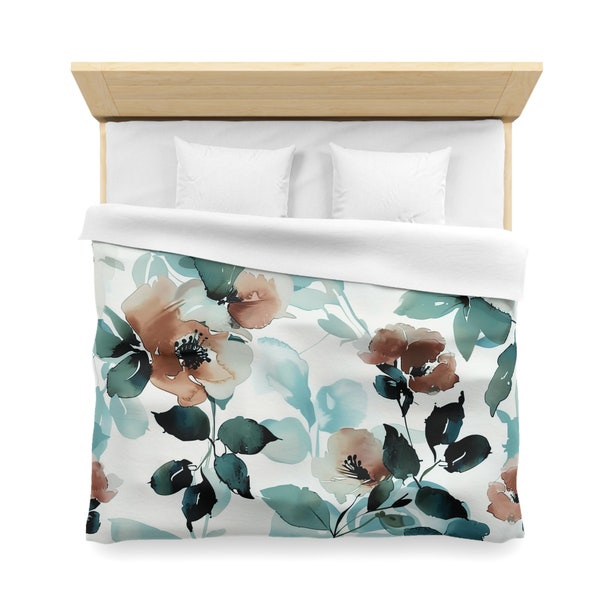 Wildflowers Floral Duvet Cover | Queen King Twin XL Bedding | Watercolor Brown Roses, Teal Blue Leaves, White Botanical Garden