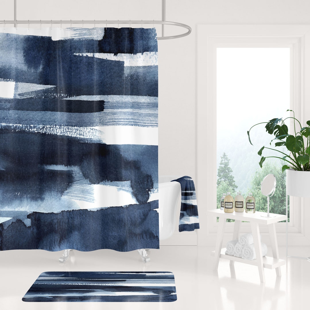 Abstract Shower Curtain, Navy White, Dusty Blue, Ombre Gradient