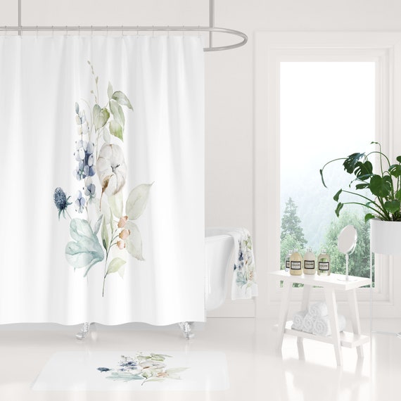 Fabric Shower Curtain Eucalyptus Cotton Flower Watercolor Australia Fabric Shower Curtain Eucalyptus Cotton, Botanical Shower Curtain Cotton