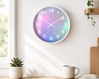 10" Holographic Wood Wall Clock, Minimalist Lavender Pink, Indoor Use