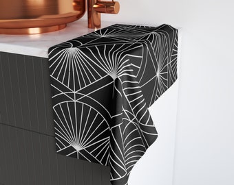 Art Deco Boho Hand Towel | Black White Geometric Art Nouveau | Minimalist Modern | Kitchen Bathroom, Spa, Workout Towel