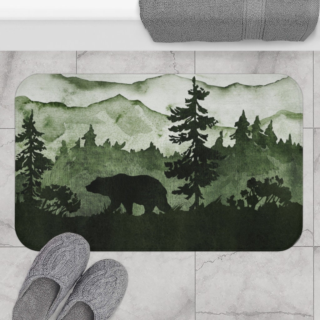 Forest Green Bear Bath Mat: Woodland Watercolor Landscape Rug