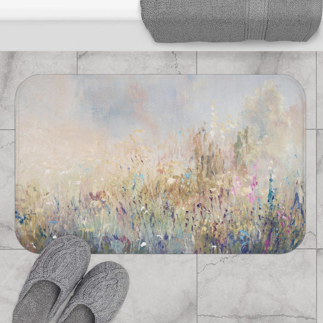 Picture of Boho Bath Mat Kitchen Mat, Modern Abstract Nature Meadow Floral Beige ...