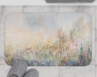 Boho Bath Mat Kitchen Mat, Modern Abstract Nature Meadow Floral Beige Blue Fade Neutral Earthy Watercolor Bathroom Accessories Floor Mat
