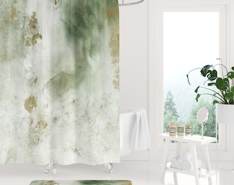Fabric Boho  Shower Curtain, Green Beige  Ombre, Modern Abstract Art, Farmhouse Bathroom Decor