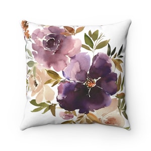 Watercolor Floral Pillow Cover Lavender Purple Violet Cream Ivory Botanical Leaf Modern Living Room farmhouse Bedroom Decorative Accent Etsy