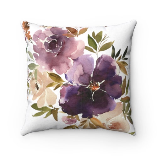 Watercolor Floral Pillow Cover, Lavender Purple, Violet Cream Ivory, Botanical Leaf, Modern Living Room,Farmhouse Bedroom Decorative Accent