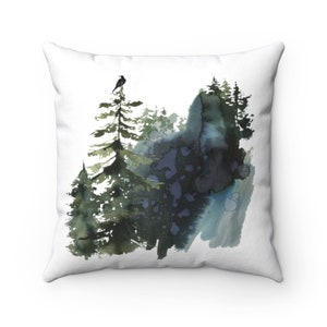 Federa per cuscino Boho Deers, Foreste, Abeti, Verde scuro, Bianco, Botanico, Federa decorativa ad acquerello, Decorazione Cottage Core