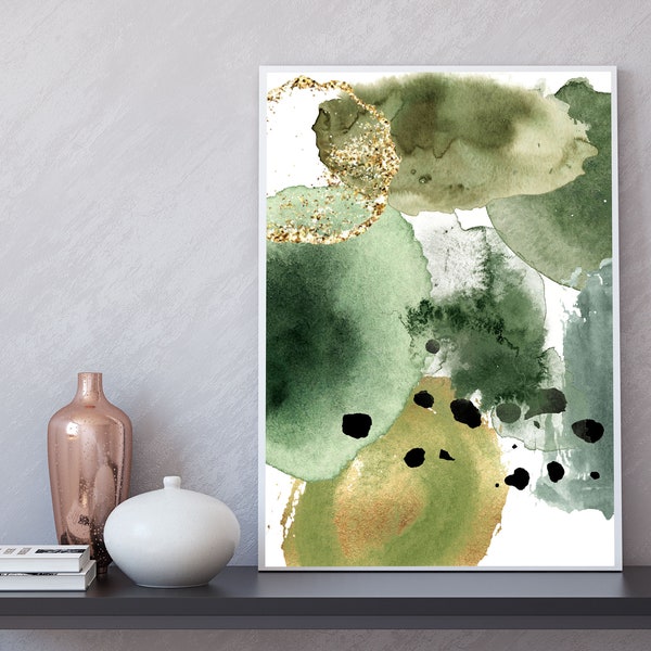 Abstract Art Wall Decor, Forest Emerald Green, Beige, Gold, Ombre Gradient Shapes in Watercolor, Modern, Boho Chic,Zen Bedroom, Office