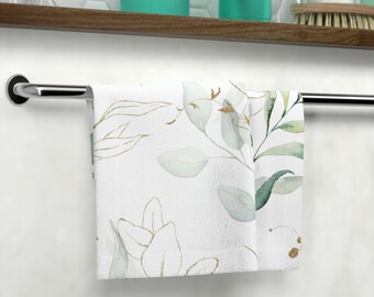 Hand, Face Towel, Stylish White, Green, Beige Eucalyptus, Floral Nature Minimalist Design for your Bathroom, Kitchen, Spa Towel