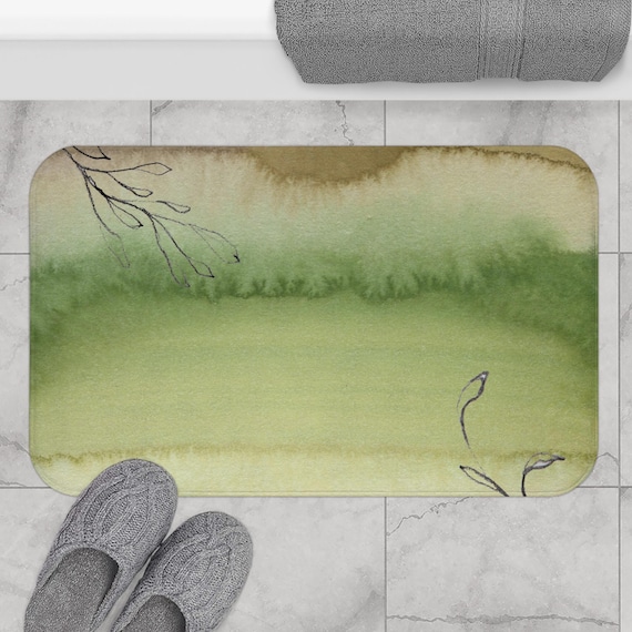 Abstrakte Badematte mit floralem Blattmuster, Aquarell in Salbeigrün, Boho-Stil