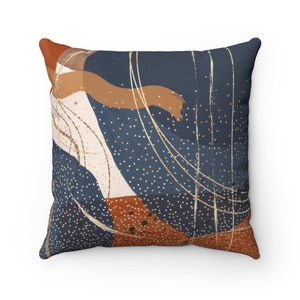 Square Throw Pillow Cover, Abstract Rust Brown Gray Navy Beige Watercolor Dark Print, Mid Century, Stylish Apartment, Couch Pillowcase