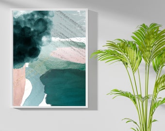 Abstract Art Wall Decor, Emerald Forest Green, Blush Pink, Color Blocks in Watercolor, Modern, Minimalist, Zen Bedroom, Living Room Decor