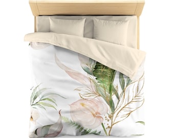 Duvet Cover, Blush Anthurium, Tropical Beige  Leaves, Jungle Green White, Watercolor Floral, Farmhouse Bedroom Home Decor, Queen Twin