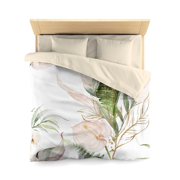 Duvet Cover, Blush Anthurium, Tropical Beige  Leaves, Jungle Green White, Watercolor Floral, Farmhouse Bedroom Home Decor, Queen Twin