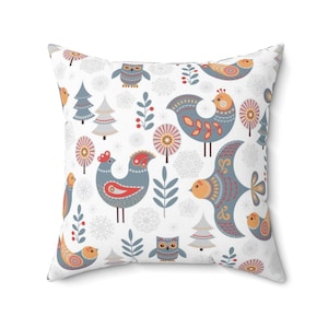 Scandinavian Boho Throw Pillow, Retro Floral Norwegian Folk Art, Winter Birds Owls, White Gray Pillowcase, Swedish Hygge Nordic Christmas