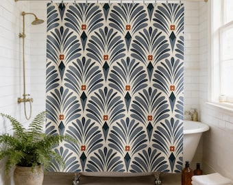 Art Deco, Vintage Boho Shower Curtain; Blue Fabric Bathroom Decor