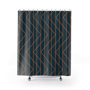 Art deco stoffen douchegordijn | Retro geometrisch, marineblauw, oranje badgordijn | Vintage minimalistisch elegant modern badkamerdecor
