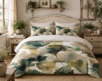 Copripiumino e federa con motivo floreale Ginkgo / Set biancheria da letto con foglie floreali / Copripiumino con motivo floreale ad acquerello, misura singolo, matrimoniale o king size.