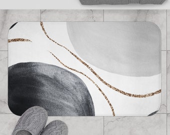 Tapete de banheiro boho, tapete de cozinha | Blocos de cores abstratas, aquarela em preto, cinza, branco, dourado suave e bege | Tapete de banheiro neutro estilo meados do século