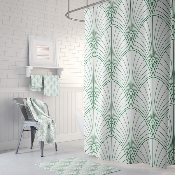 Art Deco, Green Shower Curtain, Bath Mat, Bath and Hand Towel Set | White Forest Hunter Green | Modern Minimalist Bathroom Accessories