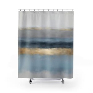 Abstract boho-douchegordijn: gedempte goud- en blauwe aquarelkunst