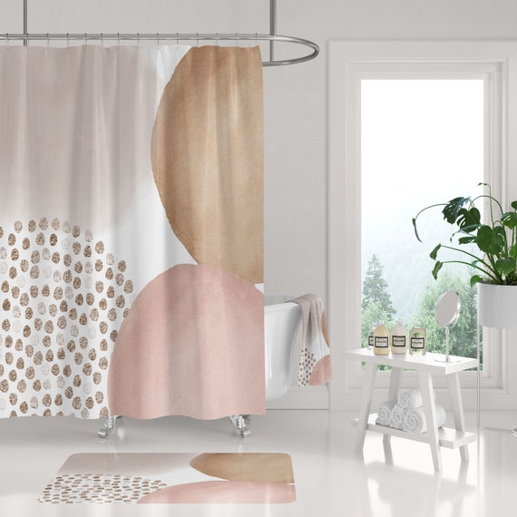 Blush Pink Boho Shower Curtain Set Bath Mat Hand Bath Towel Abstract Beige White Muted Gold Watercolor Bathroom Minimalist Decor Etsy Ireland
