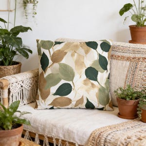 Funda de cojín floral bohemio, funda de cojín para sofá, verde salvia, beige arena, hojas verde cazador, acuarela (20 x 20, 18 x 18, 16 x 16, 14 x 14)