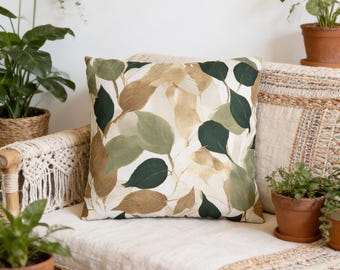 Boho Floral Pillow Cover | Sage Green Beige Hunter Leaves Watercolor 20x20