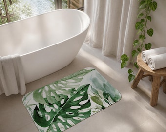 Alfombrilla de baño estilo bohemio con hojas de monstera, hojas tropicales en acuarela, decoración de baño estilo granja.