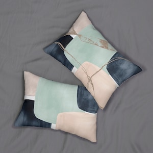 Boho Throw Couch Lumbar Pillow, Abstract Aqua Green, Navy Blue, Blush Beige, With Insert, Simple Minimalist, Contemporary Home design decor