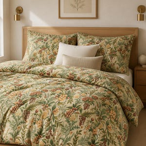 May include: A bedding set featuring a duvet cover and two matching pillowcases with a botanical print of green leaves, yellow flowers, and clusters of reddish-brown berries on a cream background, accompanied by two solid beige accent pillows.