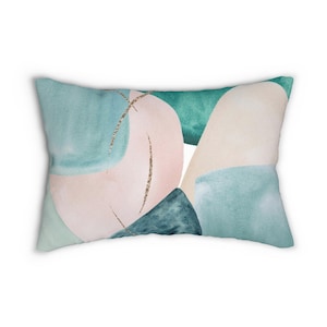 Boho Abstract, Throw Lumbar Pillow | Teal, Blush Pink, Emerald Mint Green, Watercolor Decorative Couch Accent, Boho Mid Century, Zippered