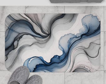Abstract Watercolor Bath Mat: Modern Blue Grey Non-Slip Rug