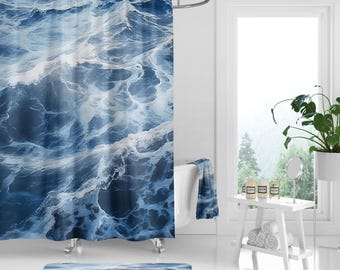 Ocean Waves Shower Curtain Set: Navy Blue Watercolor Bathroom Decor